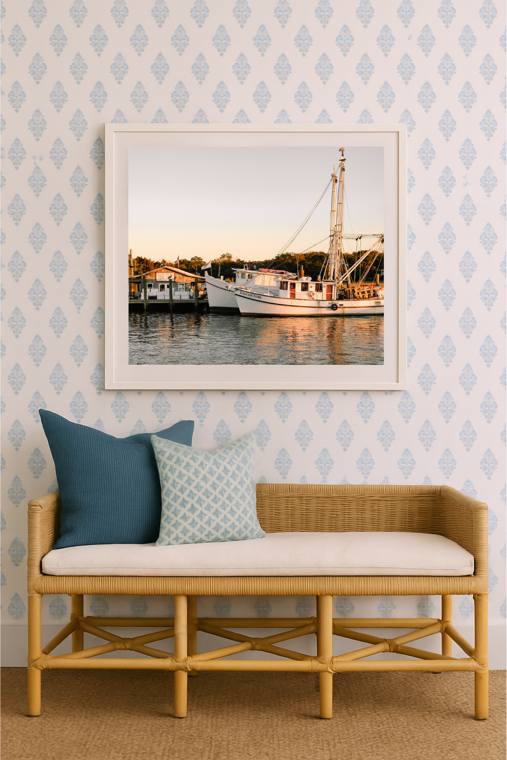 Charleston coastal wall art featuring a shrimp boat styled in a warm, Southern-inspired interior