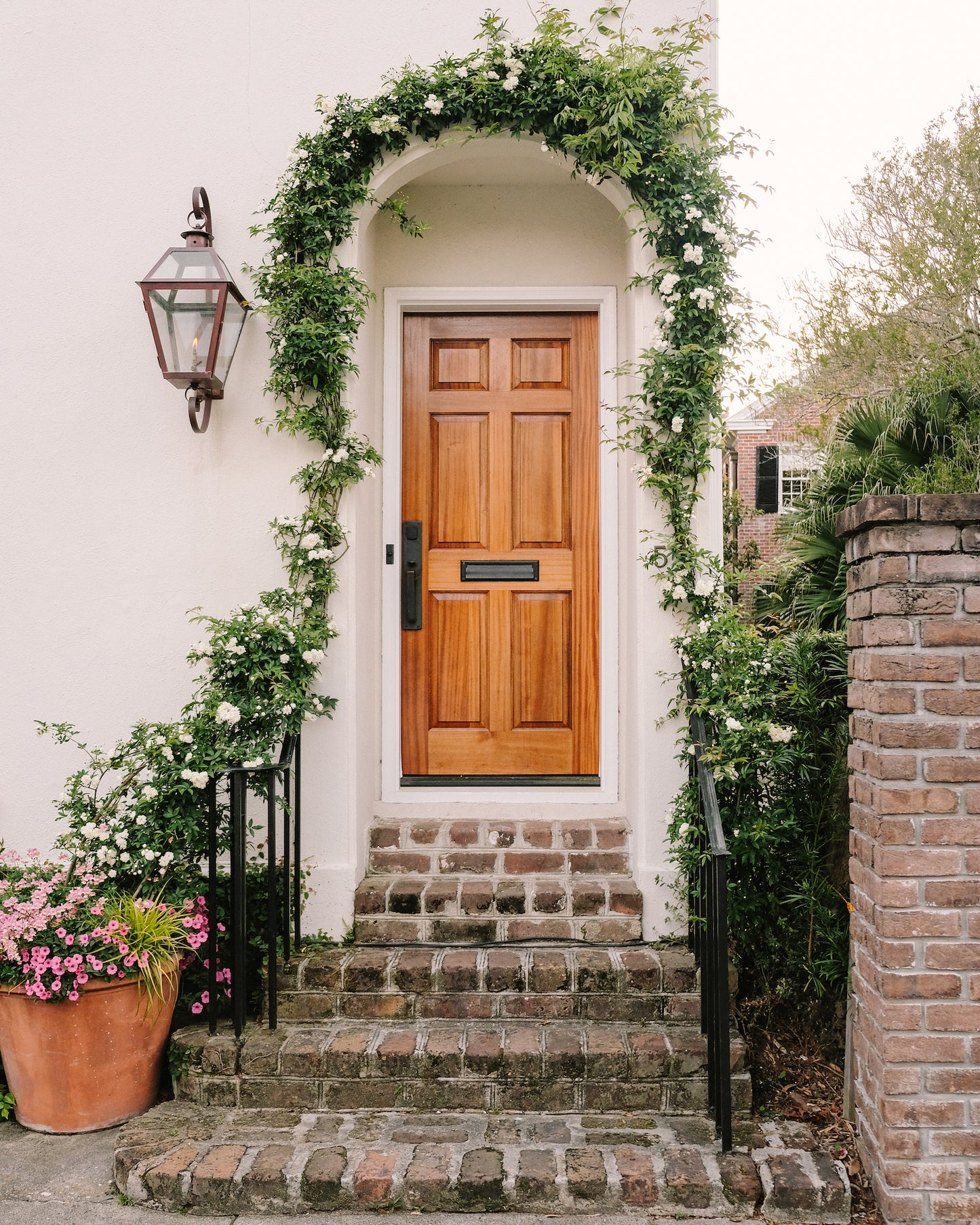 Ivy and flowering vines surrounding a historic King Street doorway in Charleston