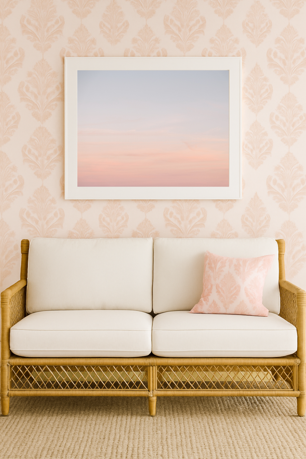 Pastel Charleston sunset wall art styled in a calm coastal interior