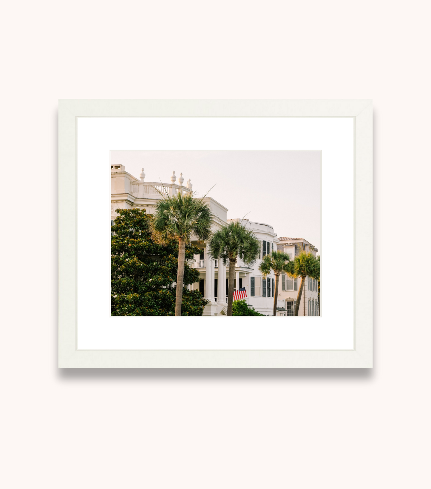 Framed Charleston wall art of palm-lined homes along the Battery promenade