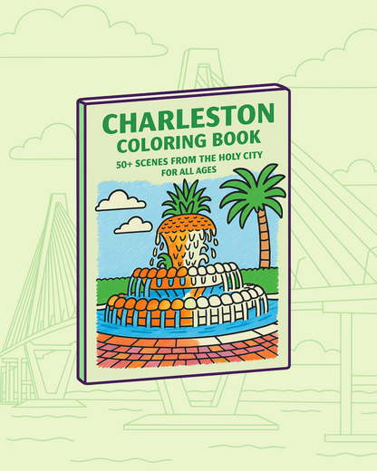 Illustrated Pineapple Fountain from the Charleston Coloring Book, featuring palm trees, cobblestone details, and playful line art inspired by Charleston landmarks