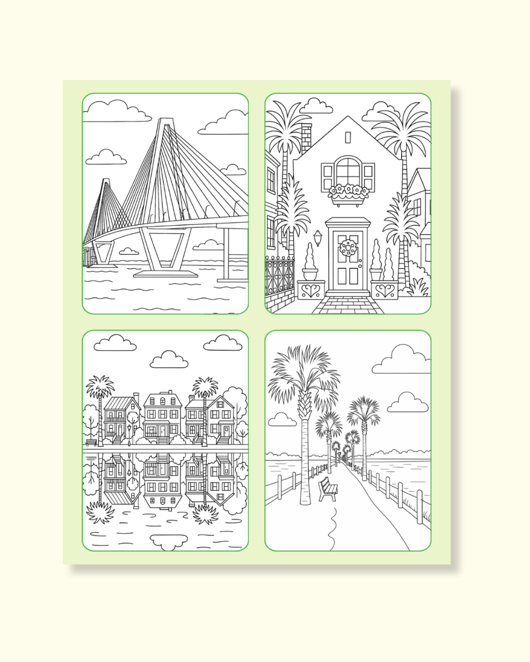 Preview of interior pages from the Charleston Coloring Book showing black-and-white line drawings of Charleston landmarks, homes, palm trees, and coastal scenes ready to color.
