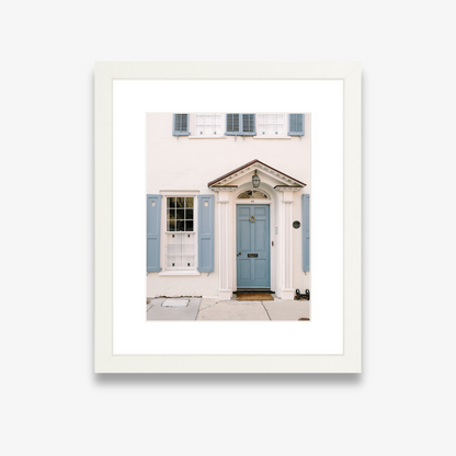 Charleston house with blue door and crescent moon shutter cutouts – Crescent Moon print by Kelsey Bird