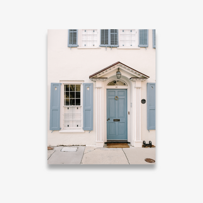 Charleston house with blue door and crescent moon shutter cutouts – Crescent Moon print by Kelsey Bird