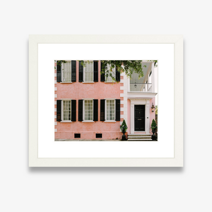Pink Charleston home with black shutters on Tradd Street – Pink House on Tradd print by Kelsey Bird