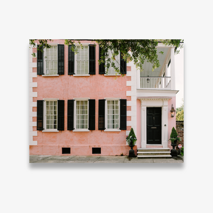 Pink Charleston home with black shutters on Tradd Street – Pink House on Tradd print by Kelsey Bird