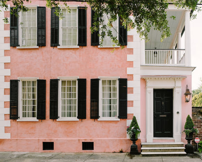 Pink Charleston home with black shutters on Tradd Street – Pink House on Tradd print by Kelsey Bird