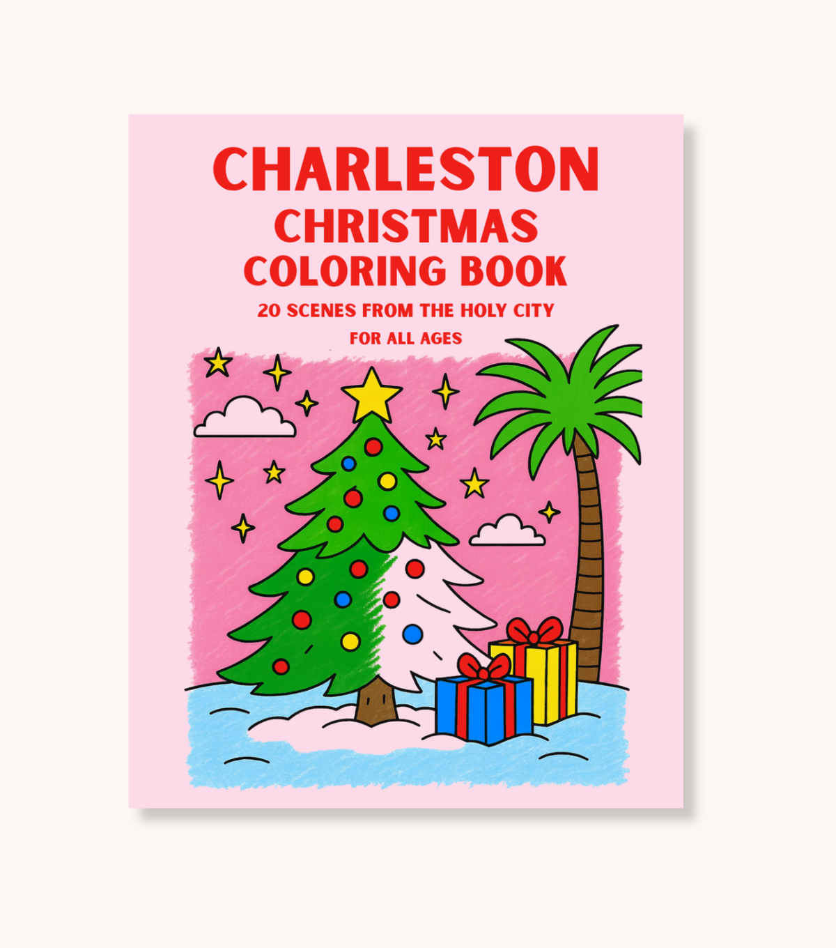 Charleston Christmas coloring book cover with pastel Rainbow Row–style homes decorated with wreaths