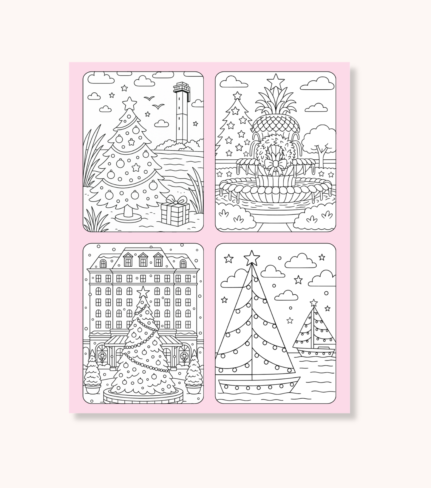 Interior pages of the Charleston Christmas Coloring Book with holiday scenes including decorated trees, the Pineapple Fountain, historic homes, and waterfront boats in Charleston South Carolina
