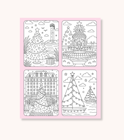 Interior pages of the Charleston Christmas Coloring Book with holiday scenes including decorated trees, the Pineapple Fountain, historic homes, and waterfront boats in Charleston South Carolina