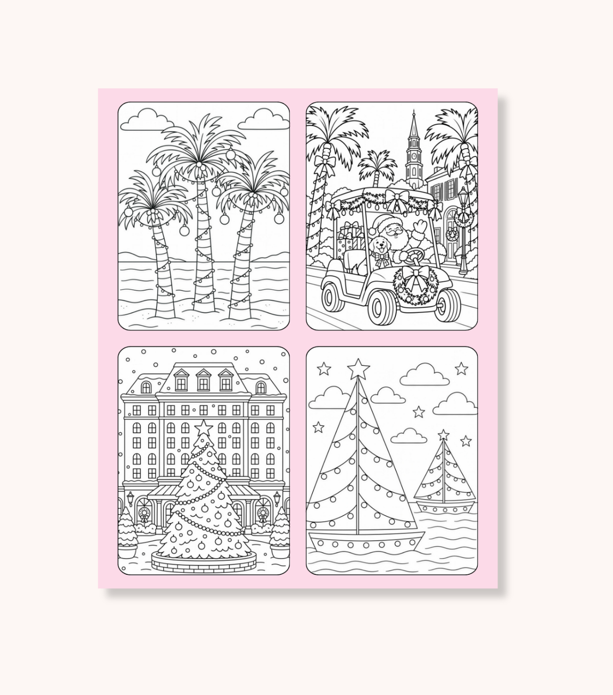 Inside pages of the Charleston Christmas coloring book showing palm trees wrapped in holiday lights