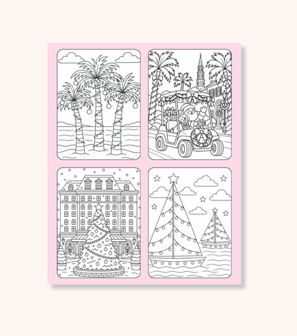 Inside pages of the Charleston Christmas coloring book showing palm trees wrapped in holiday lights