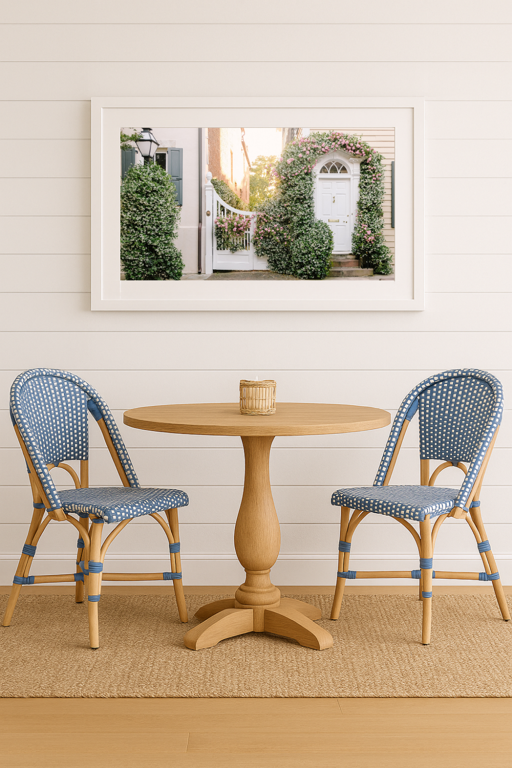 Framed Charleston photography of jasmine on Church Street styled in a bright coastal living room interior