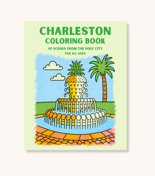 Charleston Coloring Book cover featuring a colorful illustration of a fountain, palm tree, and clouds on a pale green background, with the title in bold green text at the top.