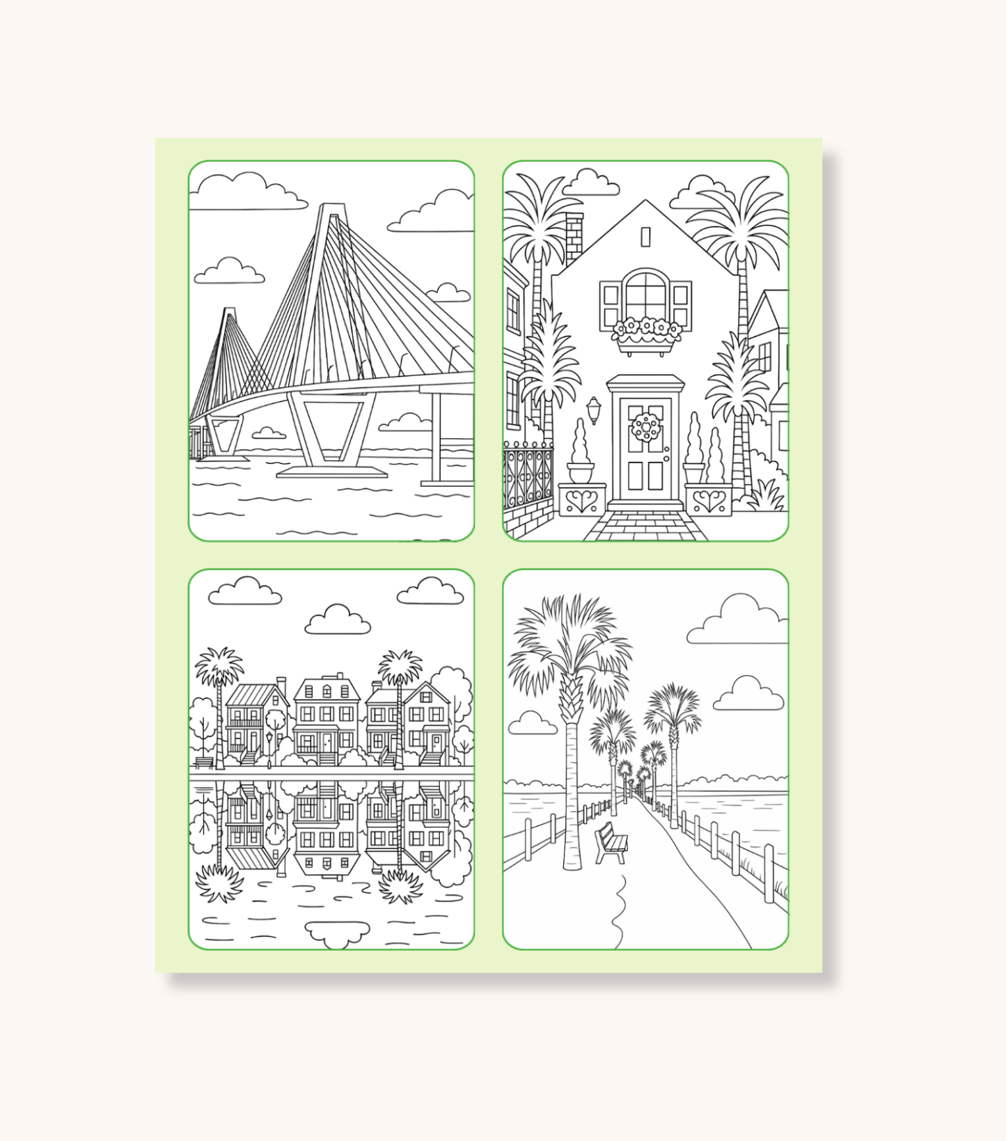 Interior pages of the Charleston Coloring Book showing Charleston landmarks including Ravenel Bridge, Rainbow Row style homes, and waterfront scenes
