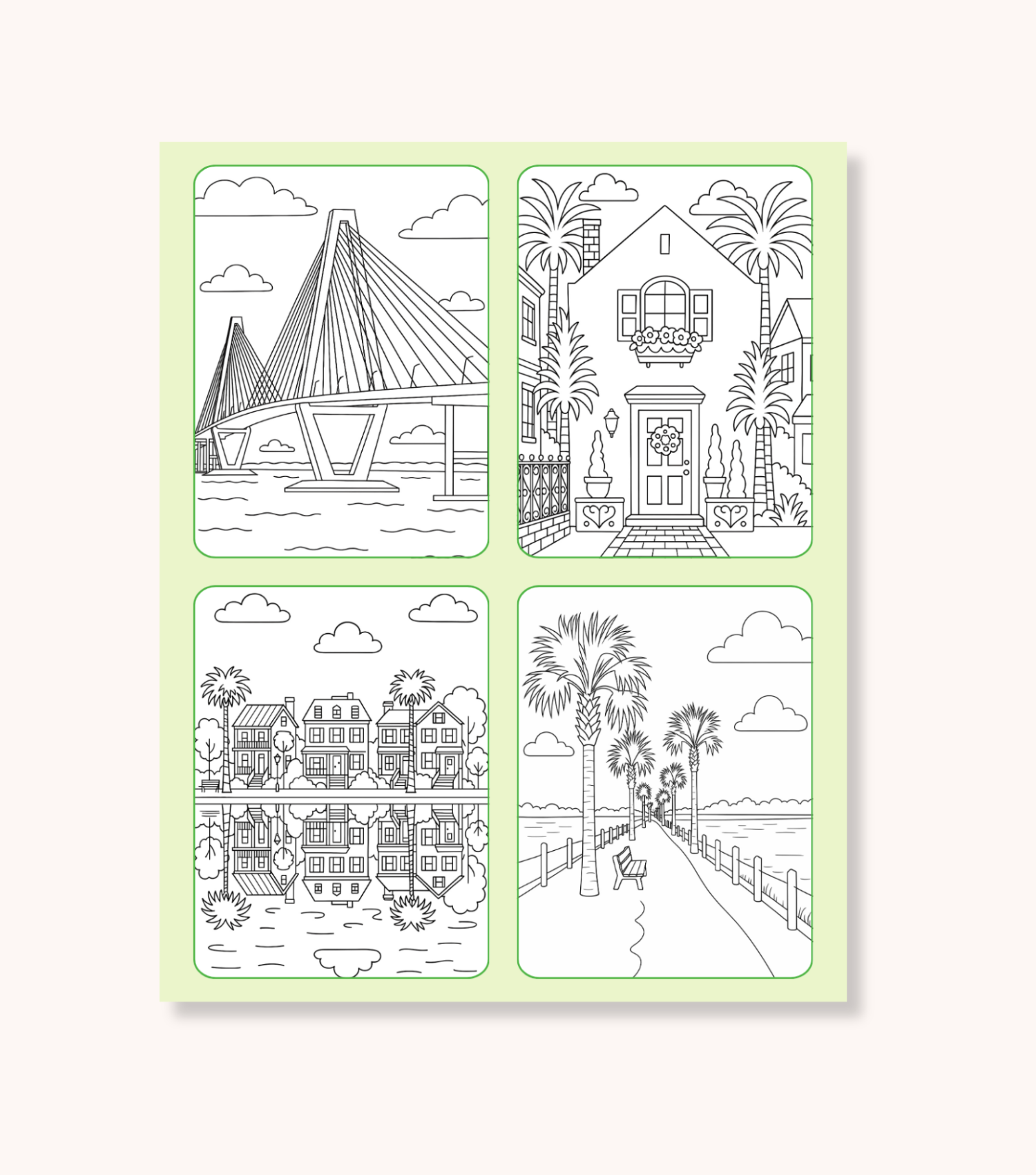 Interior pages of the Charleston Coloring Book showing Charleston landmarks including Ravenel Bridge, Rainbow Row style homes, and waterfront scenes