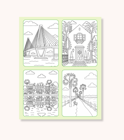 Interior pages of the Charleston Coloring Book showing Charleston landmarks including Ravenel Bridge, Rainbow Row style homes, and waterfront scenes
