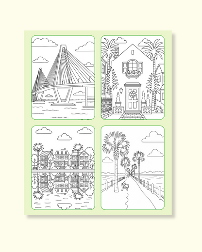 Set of four black and white illustrations on a green border, featuring a bridge, house, palm trees, and waterfront scene.