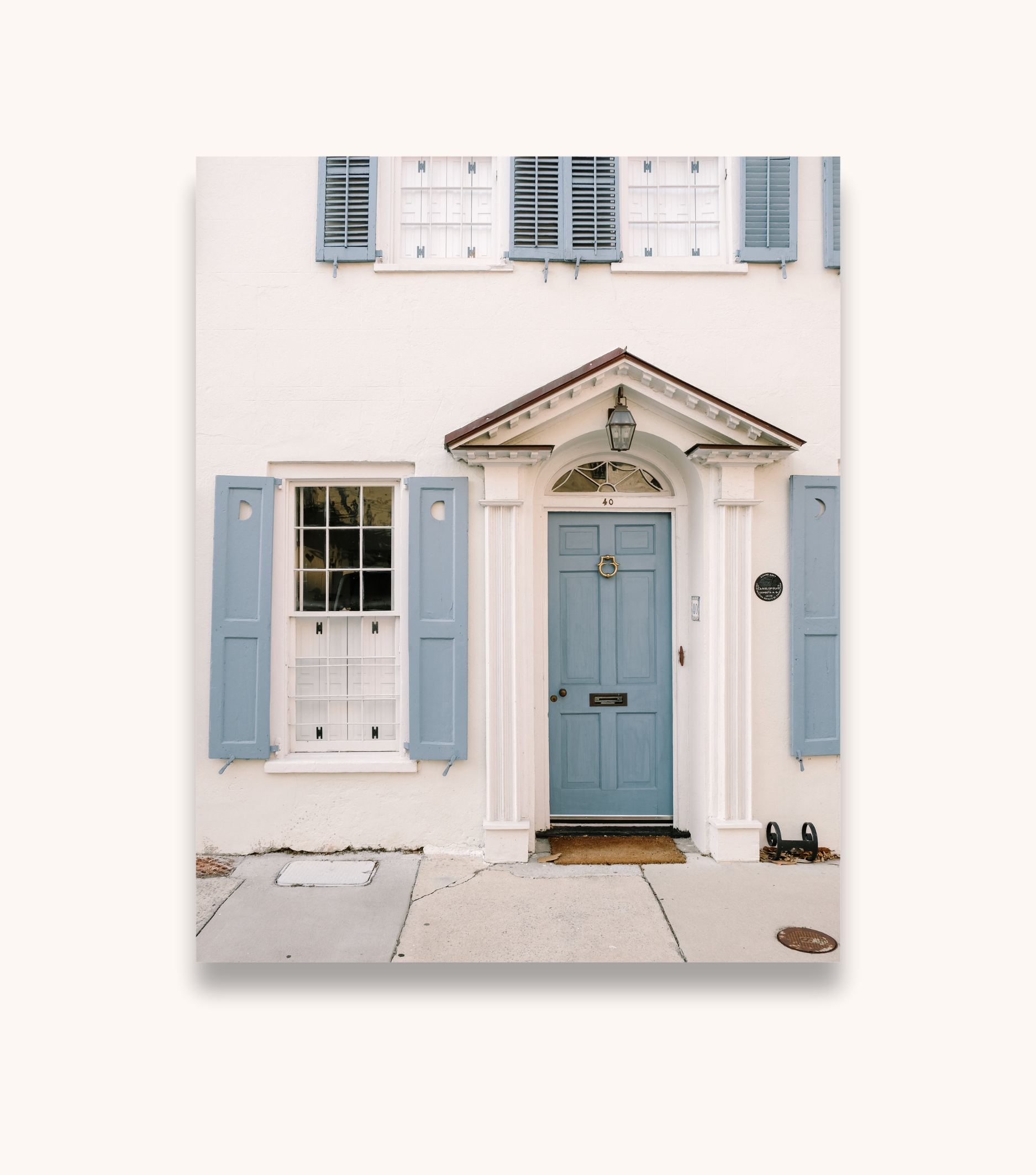 Charleston architectural photography print featuring blue door and crescent moon