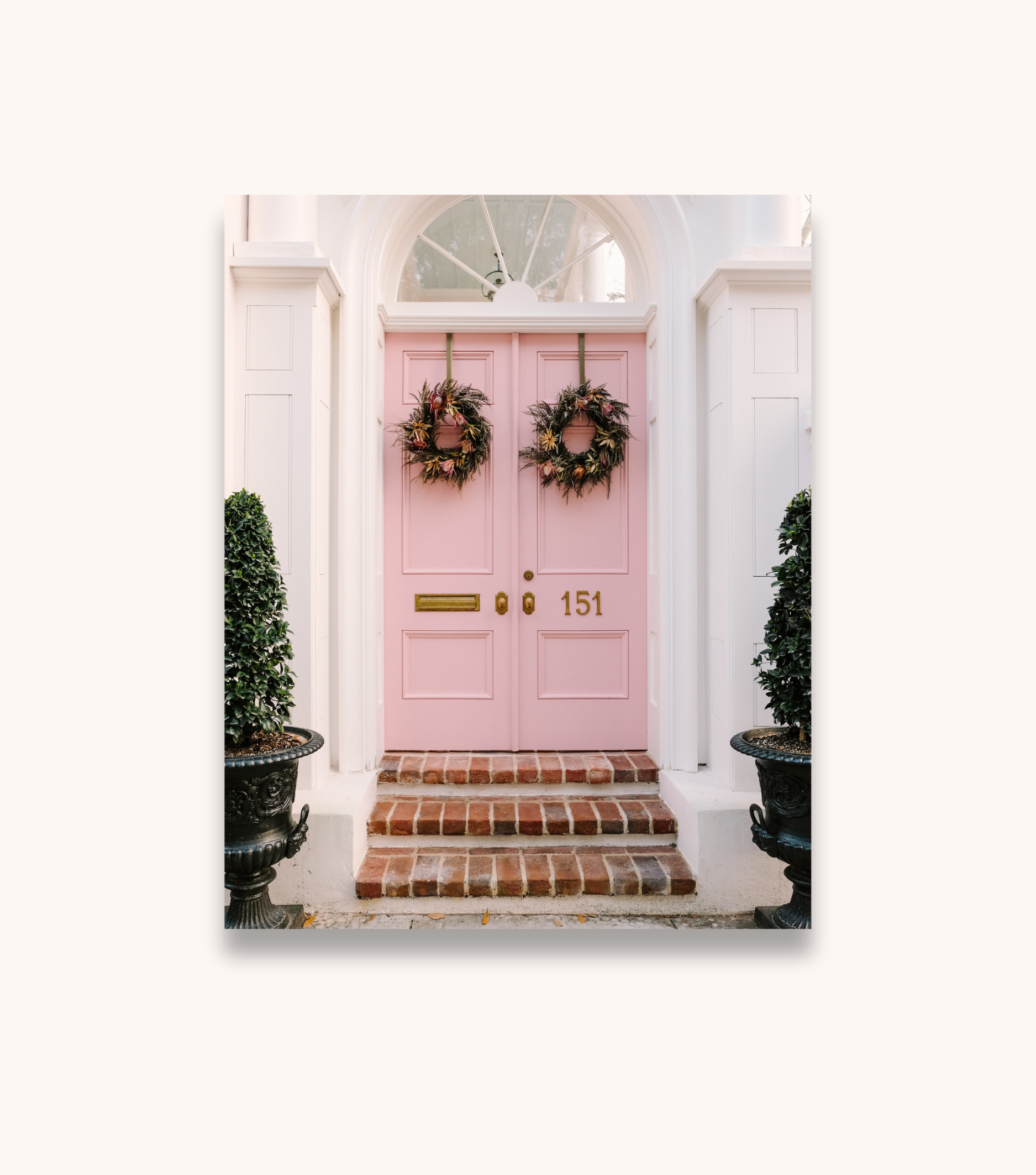 Charleston door photography print featuring soft pink double doors