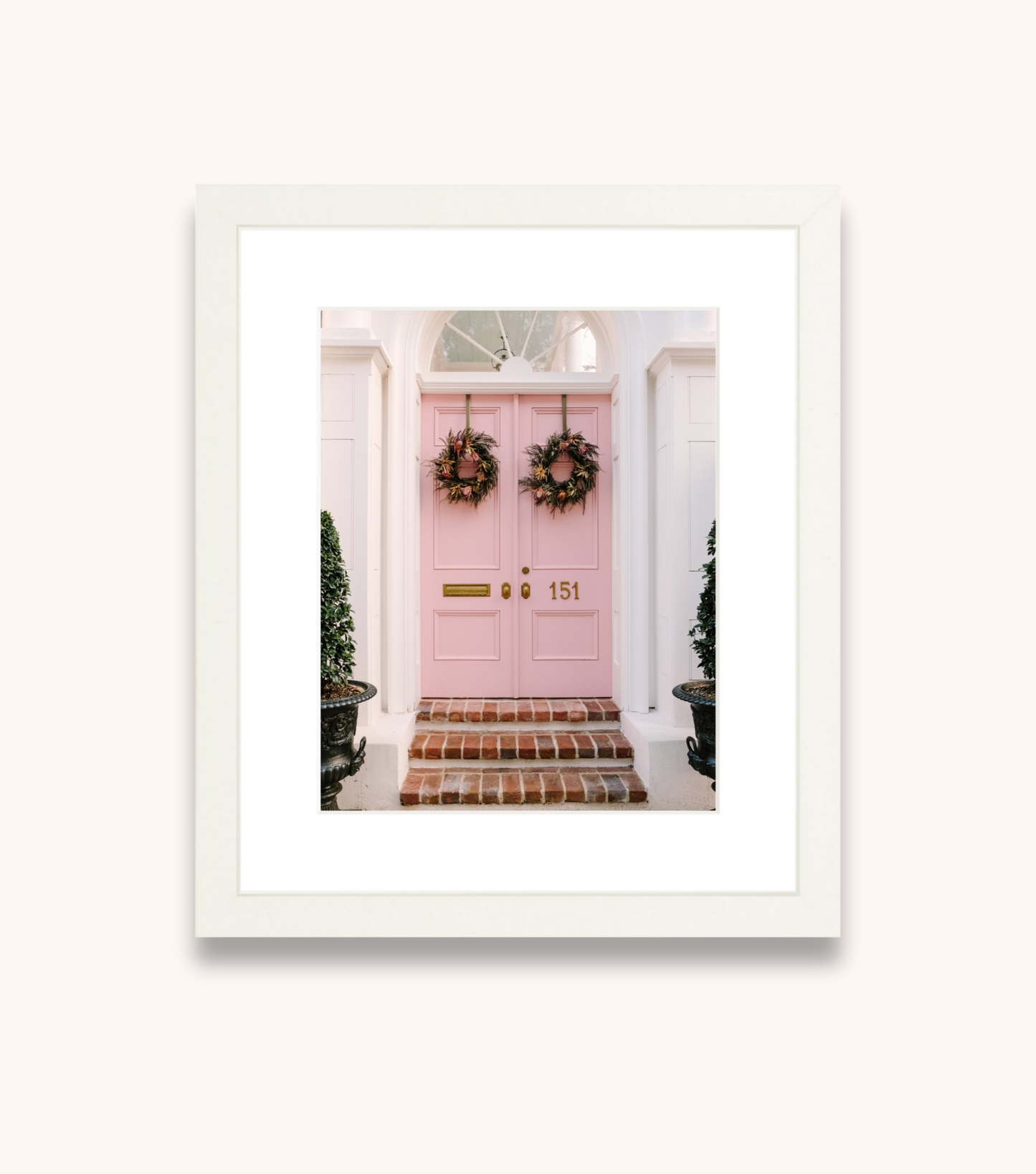 Framed Charleston wall art showcasing iconic pink double doors