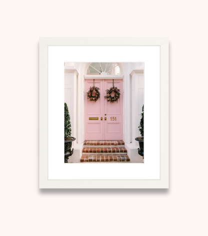 Framed Charleston wall art showcasing iconic pink double doors