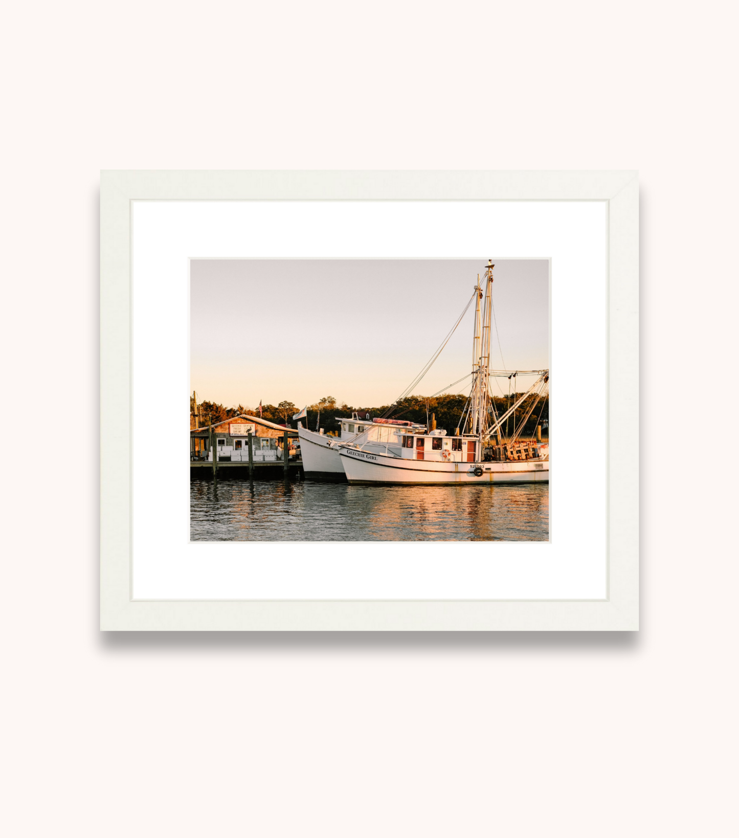 Framed Charleston waterfront photography featuring a shrimp boat at sunset