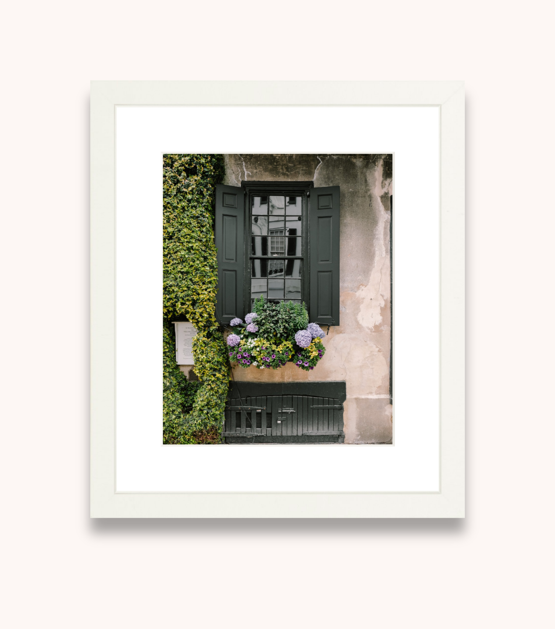Framed Charleston wall art with lavender hydrangeas and historic architecture