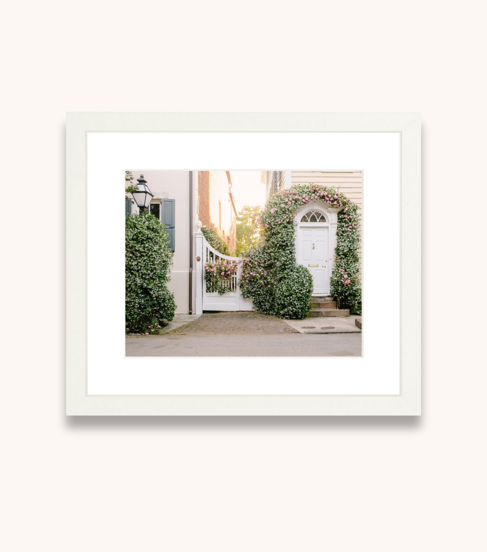 Framed Charleston wall art featuring jasmine flowers on Church Street architecture