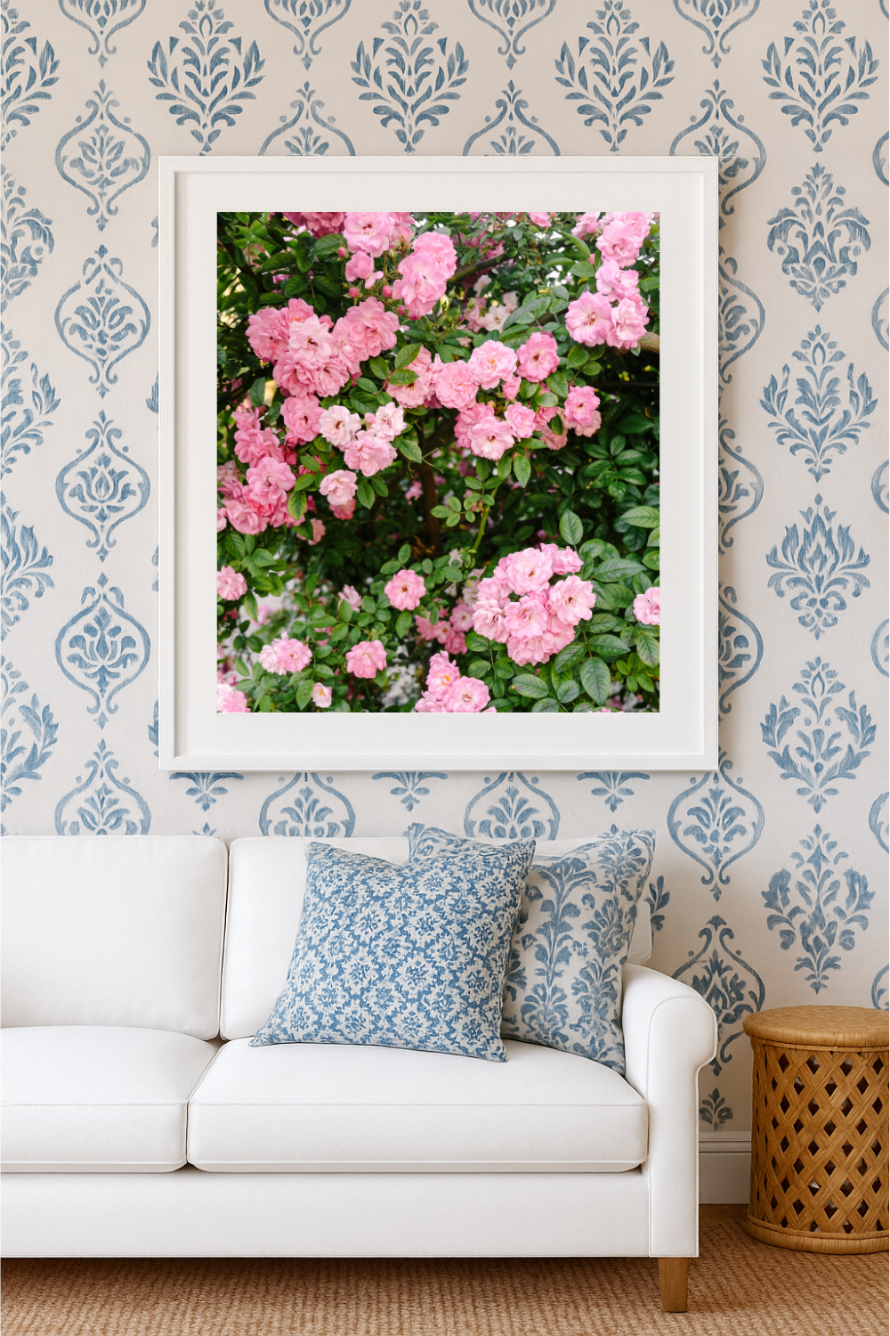 Peggy Martin rose photography styled in a light Southern coastal interior