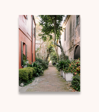 Charleston photography print featuring Philadelphia Alley and cobblestone path