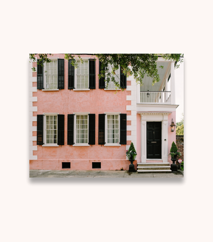 Charleston architecture photography print of a pink house on Tradd Street 