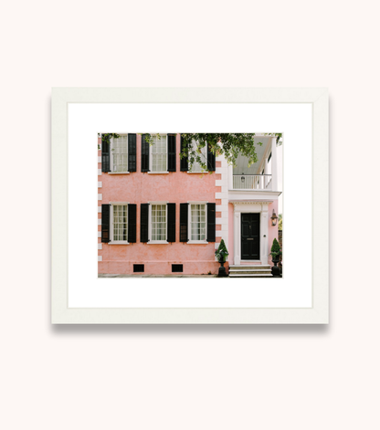 Framed Charleston wall art featuring a pink historic home on Tradd Street