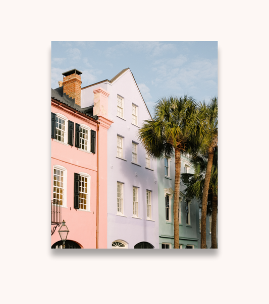 Charleston photography print featuring the colorful facades of Rainbow Row