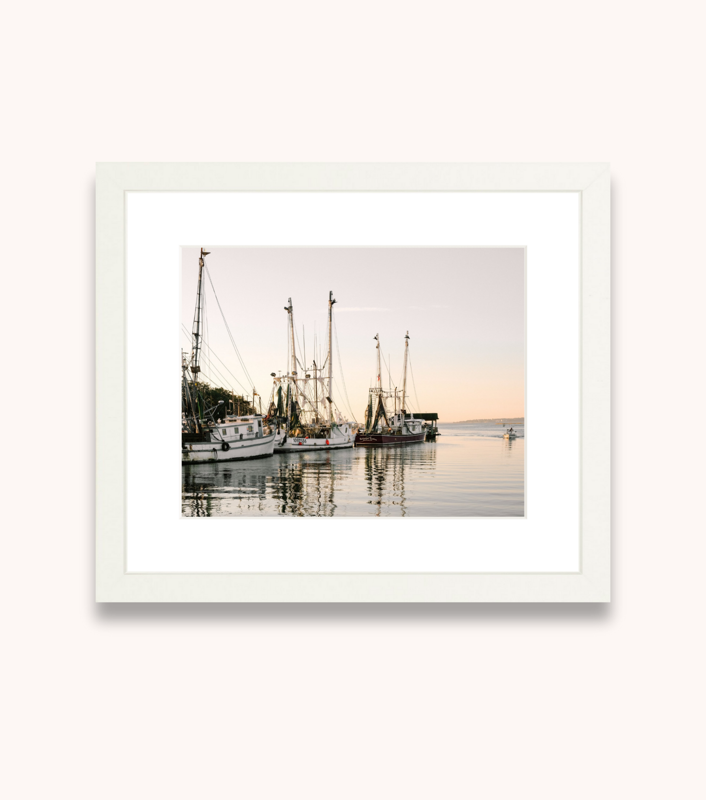 Framed Charleston waterfront wall art featuring Shem Creek in the early morning
