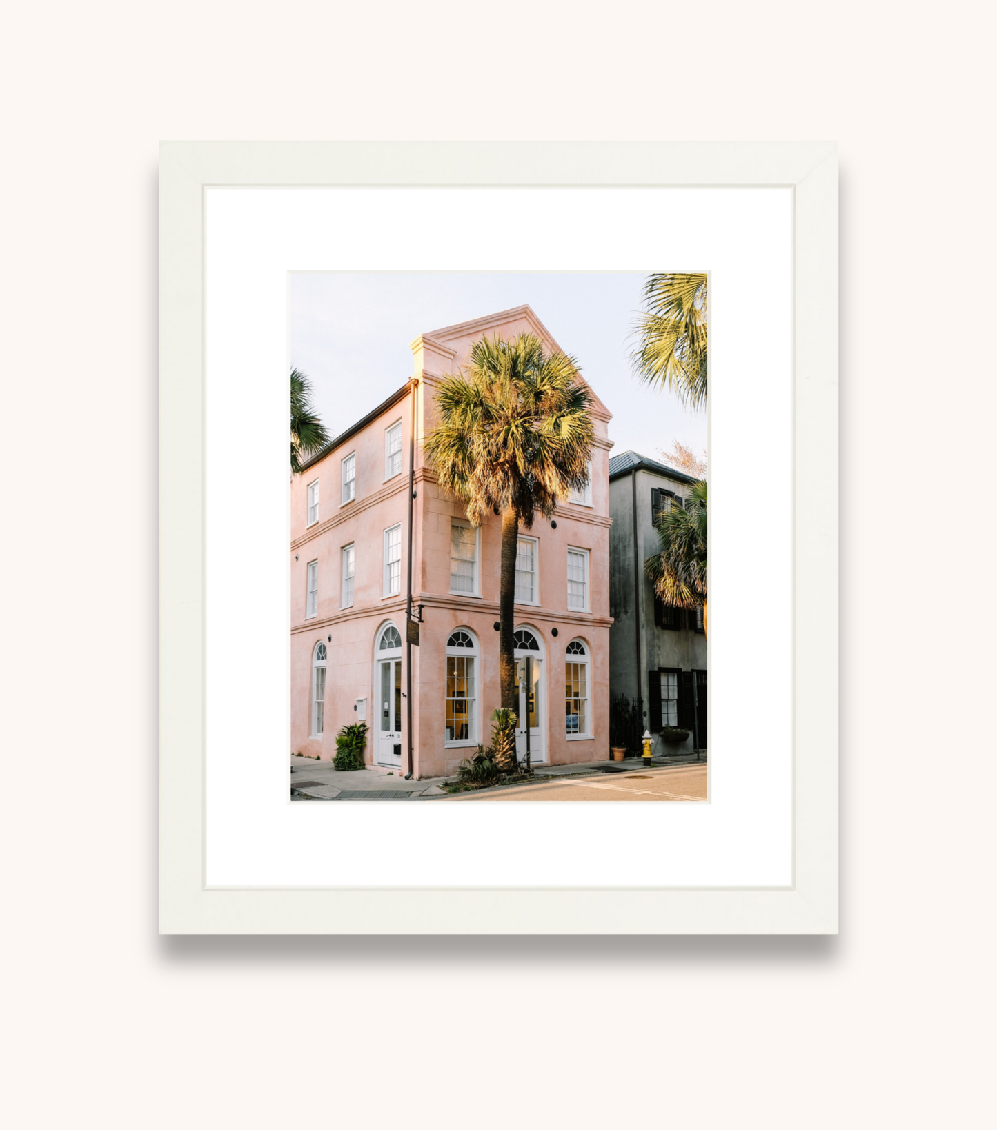 Framed wall art featuring Charleston palmetto trees and pastel architecture