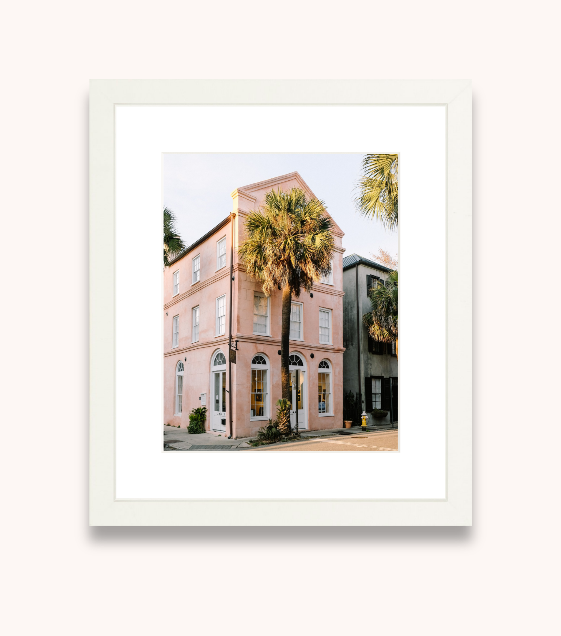Framed wall art featuring Charleston palmetto trees and pastel architecture