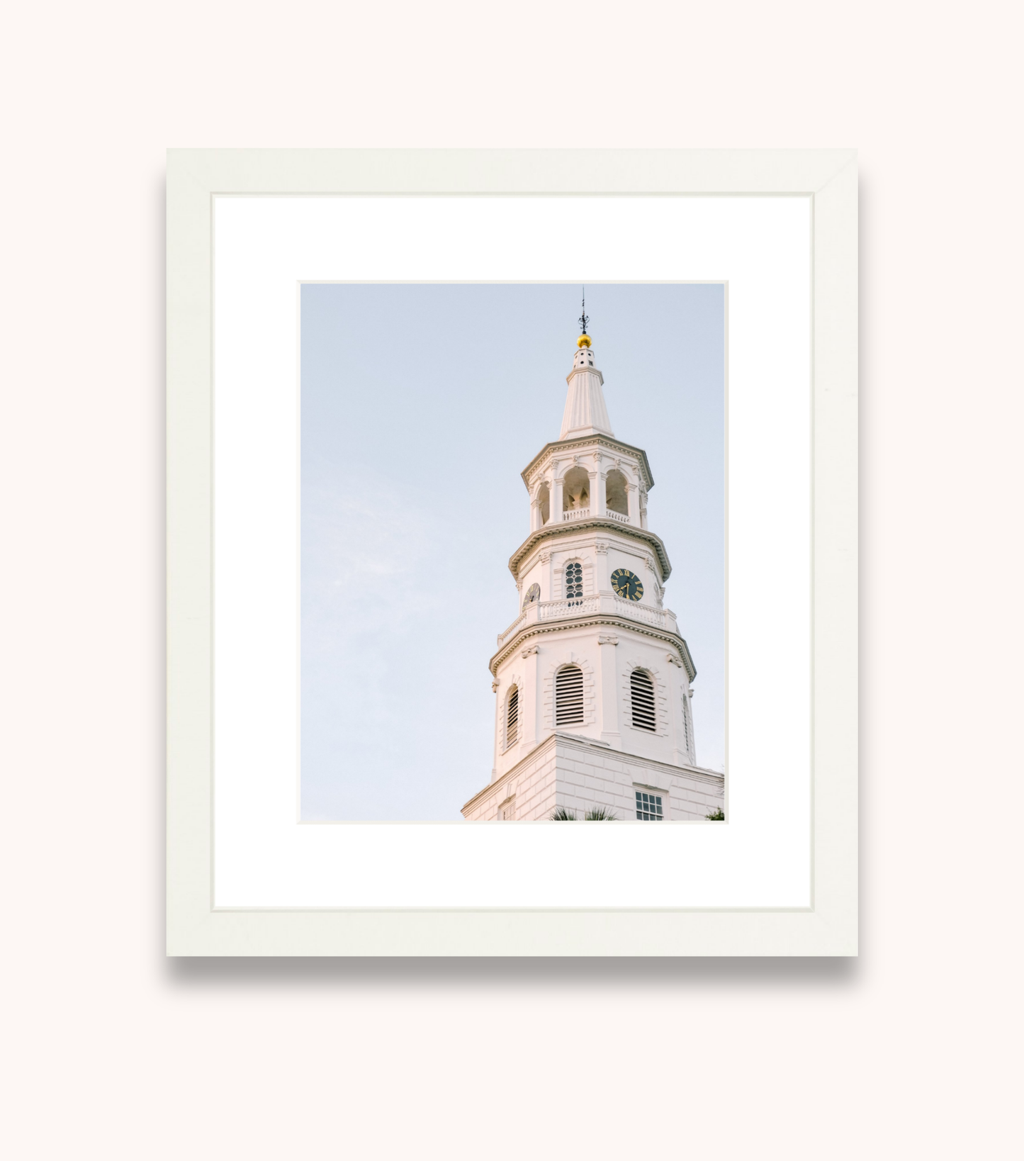 Framed Charleston wall art showcasing St. Michael’s Church steeple and clock tower