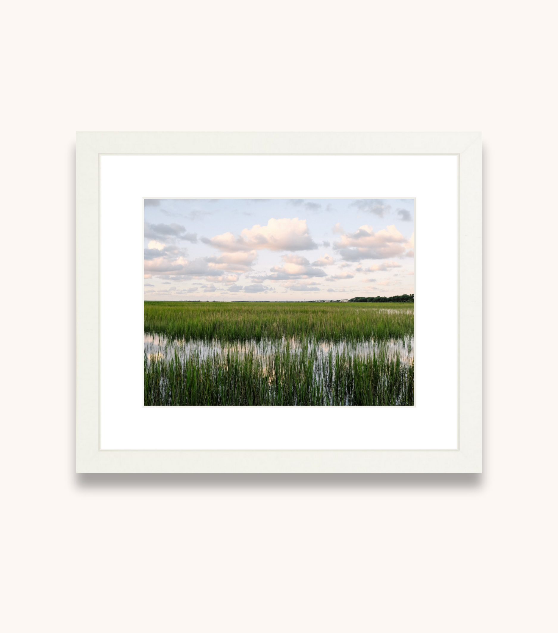 Framed Charleston wall art showcasing marsh grasses and tidal water at sunset
