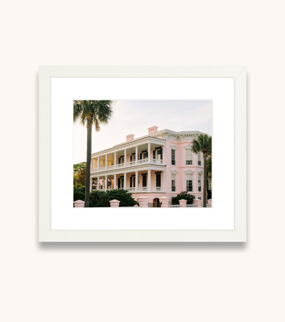 Framed Charleston wall art of a pink historic home along the Battery
