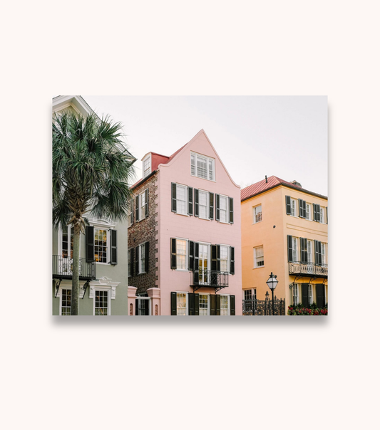 The Three Sisters Charleston historic homes photography print displayed as wall art