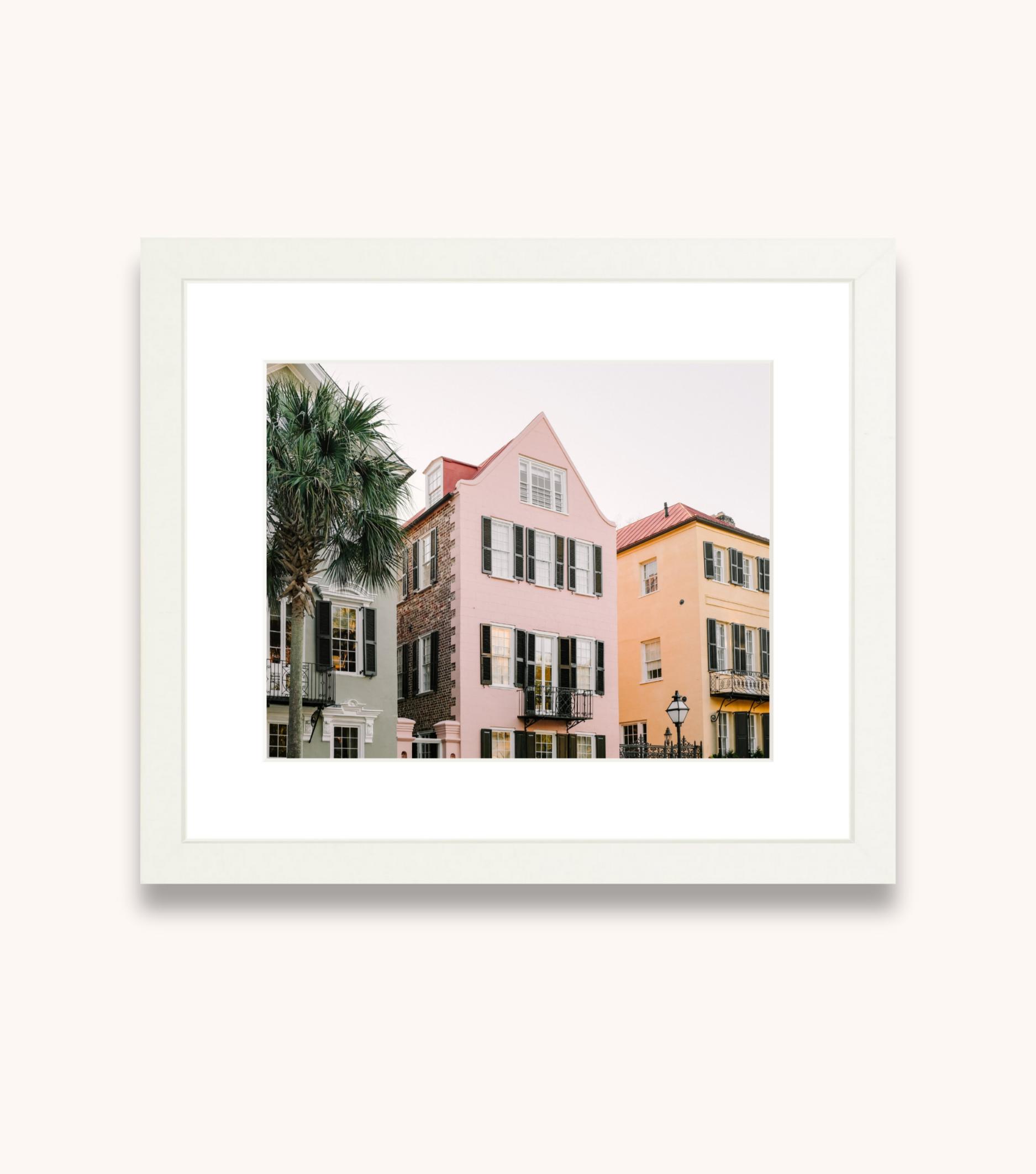 Framed Charleston historic homes wall art featuring the Three Sisters pastel houses